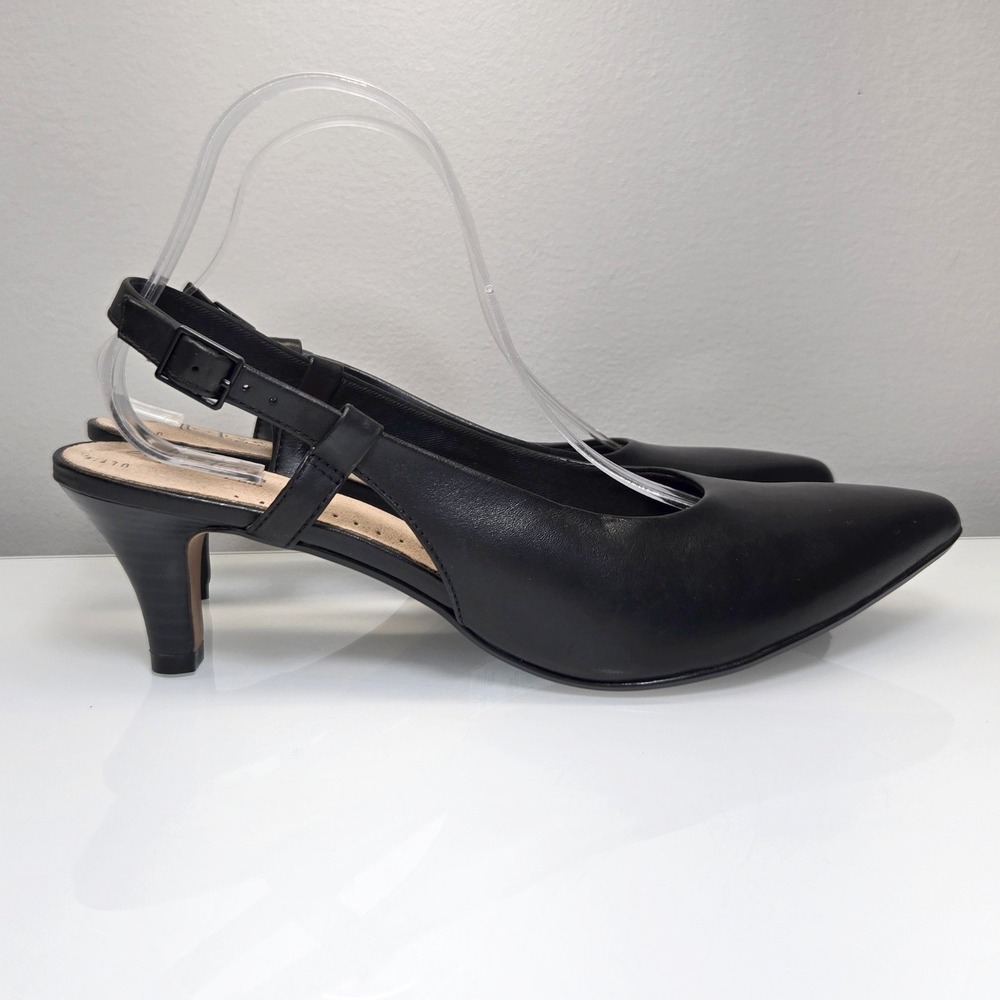 Clarks Linvale Loop Slingback Kitten Heels 11.5M Black Leather Comfort Office